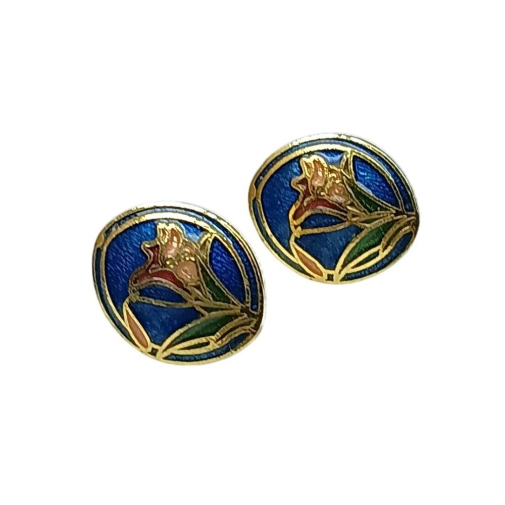 Vintage Gold & Blue Enamel Floral Clip-On Earrings Art Nouveau Cloisonne Style